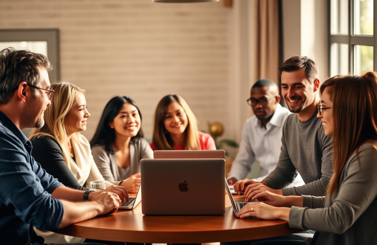 Cercle de participants souriants autour d'une table lors d'un atelier