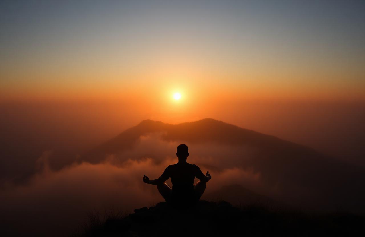 Silhouette en méditation face au soleil levant sur une montagne
